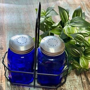 Vintage Blue Glass Salt & Pepper Shaker set with Holder | #022025-III